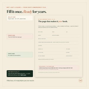 Pu&ograve; includere: Un modello di file di emergenza beige per cani con un modulo principale con campi per nome, razza, et&agrave;, peso, microchip, condizioni mediche, farmaci, allergie e contatti veterinari. Include layout per tessere, schede frigo e trasportino.