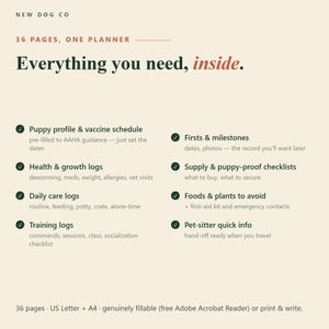 May include: A beige digital planner page titled NEW DOG CO with 36 pages, one planner. Text includes: Puppy profile & vaccine schedule, Firsts & milestones, Health & growth logs, Supply & puppy-proof checklists, Daily care logs, Foods & plants to avoid, Training logs, Pet-sitter quick info. Bottom text: 36 pages, US Letter + A4, genuinely fillable or print & write.