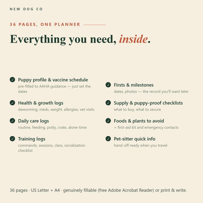 May include: A beige digital planner page titled NEW DOG CO with 36 pages, one planner. Text includes: Puppy profile & vaccine schedule, Firsts & milestones, Health & growth logs, Supply & puppy-proof checklists, Daily care logs, Foods & plants to avoid, Training logs, Pet-sitter quick info. Bottom text: 36 pages, US Letter + A4, genuinely fillable or print & write.