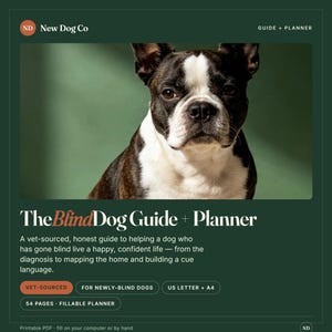 May include: A digital guide and planner titled The Blind Dog Guide + Planner by New Dog Co. The cover features a black and white Boston Terrier dog. Text includes: A vet-sourced, honest guide to helping a dog who has gone blind live a happy, confident life. Includes 54 pages, fillable planner, US Letter + A4, and printable PDF.
