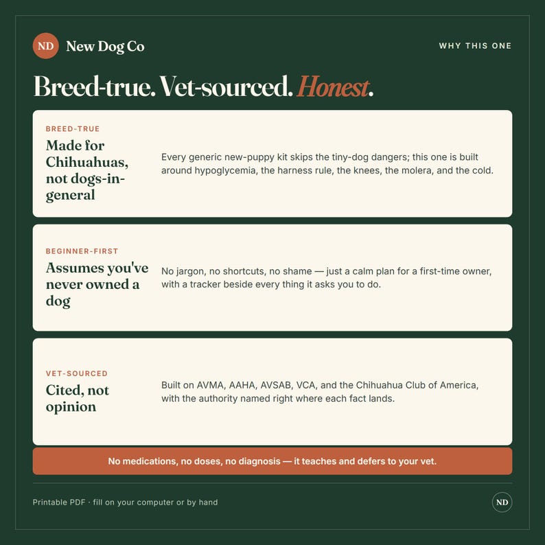 K&ouml;nnte beinhalten: Eine dunkelgr&uuml;ne Infografik mit dem Titel New Dog Co und der &Uuml;berschrift Breed-true. Vet-sourced. Honest. Sie enth&auml;lt drei Abschnitte zur Chihuahua-Pflege, Anleitungen f&uuml;r Anf&auml;nger und tier&auml;rztliche Fakten sowie einen Hinweis zu druckbaren PDFs.