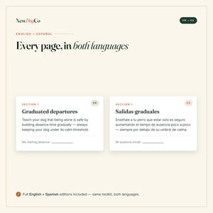May include: A digital document page titled NewDogCo featuring bilingual content in English and Spanish. The layout includes sections for Graduated departures and Salidas graduales, with text explaining how to teach a dog to be alone safely.