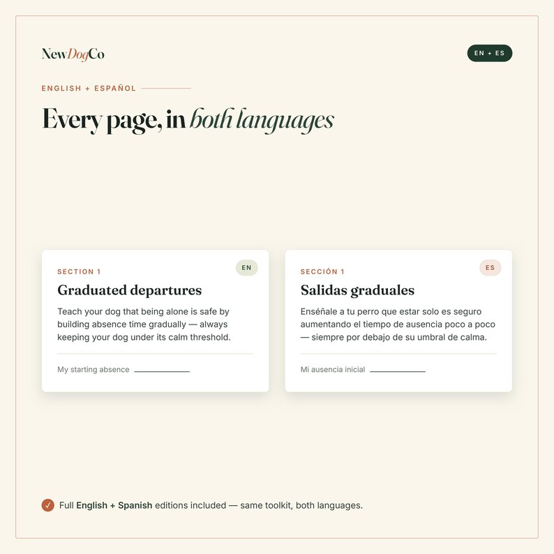May include: A digital document page titled NewDogCo featuring bilingual content in English and Spanish. The layout includes sections for Graduated departures and Salidas graduales, with text explaining how to teach a dog to be alone safely.