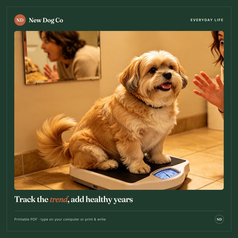 K&ouml;nnte beinhalten: Ein hellbrauner und wei&szlig;er Shih Tzu Hund sitzt auf einer wei&szlig;en und schwarzen mechanischen Personenwaage. Der Text "New Dog Co" und "EVERYDAY LIFE" steht oben, w&auml;hrend "Track the trend, add healthy years" und "Printable PDF" unten zu sehen sind.