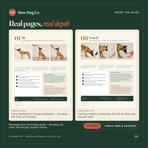 Op de afbeelding: Een digitale gids getiteld New Dog Co Real pages, real depth met instructieve hondentraining. De lay-out toont twee pagina's met fotografische reeksen voor de commando's Zit en Laat het, inclusief tekstuele stappen en tips.