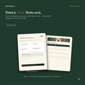 May include: Two digital workbook pages for dog training on a dark green background. The left page is titled My Potty Tracker with sections to mark moments. The right page is a Daily Crate-Session Log with a beagle photo and grid for tracking.