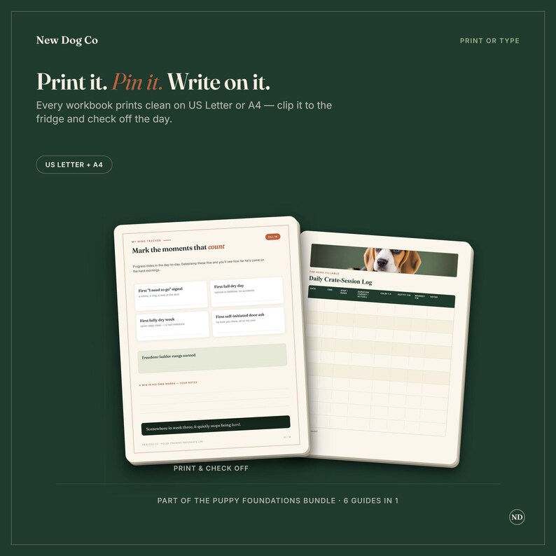May include: Two digital workbook pages for dog training on a dark green background. The left page is titled My Potty Tracker with sections to mark moments. The right page is a Daily Crate-Session Log with a beagle photo and grid for tracking.