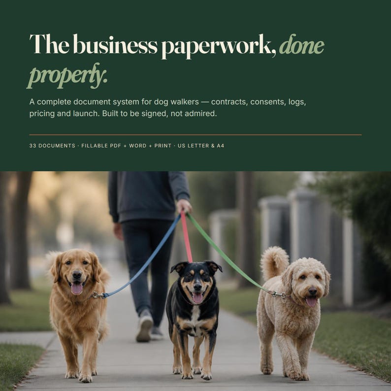 Företagskit för hundpromenader | Kontrakt, blanketter, priskalkylator (ifyllbar PDF, Word, utskrift) bild 1