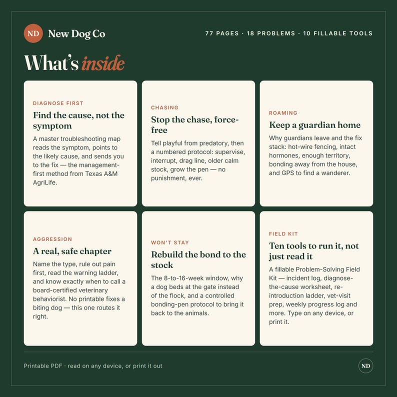 K&ouml;nnte beinhalten: Eine dunkelgr&uuml;ne Infografik mit dem Titel What's inside von New Dog Co. Sie listet 77 Seiten, 18 Probleme und 10 ausf&uuml;llbare Werkzeuge auf. Sechs wei&szlig;e rechteckige K&auml;sten enthalten Text &uuml;ber Protokolle f&uuml;r Hunde, darunter Diagnose, Jagdverhalten, Streunen, Aggression und Feld-Kits.