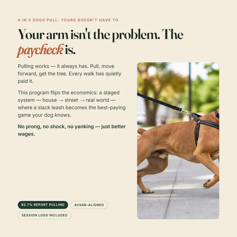 May include: A tan dog wearing a black harness and attached lead, with text overlay reading: 4 IN 5 DOGS PULL. YOURS DOESN'T HAVE TO. Your arm isn't the problem. The paycheck is. Pulling works&mdash;it always has. No prong, no shock, no yanking&mdash;just better wages.