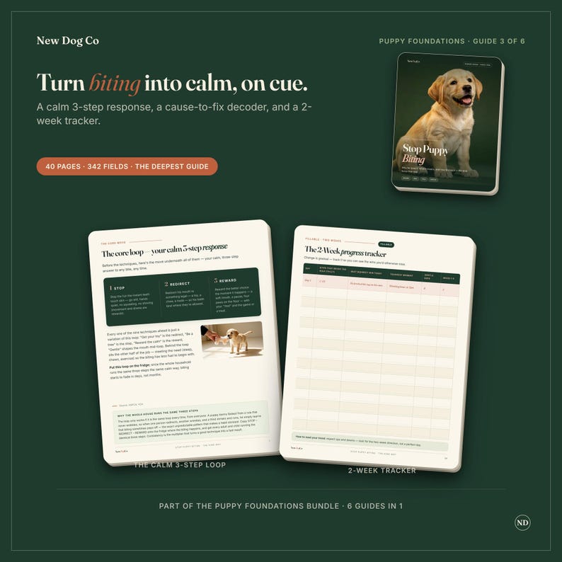 May include: A dark green informational graphic featuring a puppy training guide. It displays a cover with a golden puppy, a page titled The core loop, and a 2-Week progress tracker page. Text includes New Dog Co, Turn biting into calm, on cue.