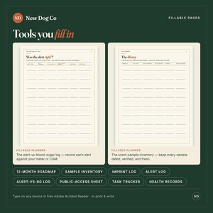 Puede incluir: Dos p&aacute;ginas de planificador rellenables sobre un fondo verde oscuro. La p&aacute;gina izquierda se titula Was the alert right? y la derecha The library. Debajo de las p&aacute;ginas hay botones etiquetados como 12-Month Roadmap, Sample Inventory, Imprint Log, Alert Log, Alert-vs-BG Log, Public-Access Sheet, Task Tracker y Health Records.