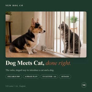 May include: A digital guide titled Dog Meets Cat, done right. The document is a fillable PDF with an 18-page 6-phase plan for pet introductions, available in US Letter and A4 sizes. The cover features a Corgi and a cat separated by a gate.