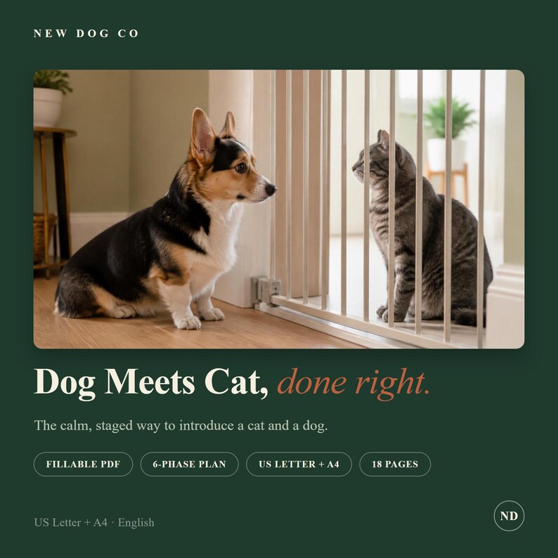 May include: A digital guide titled Dog Meets Cat, done right. The document is a fillable PDF with an 18-page 6-phase plan for pet introductions, available in US Letter and A4 sizes. The cover features a Corgi and a cat separated by a gate.