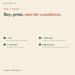 May include: An instructional graphic for New Dog Co titled How It Works: Buy, print, start the countdown. It lists three steps: 1. Buy, files unlock instantly at checkout; 2. Download, US Letter + A4, print-ready; 3. Start early, 12 weeks out.