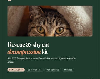 May include: A digital document titled Rescue & shy cat decompression kit by New Cat Co. The page features a photograph of a tabby cat peeking from under a white blanket, with text detailing a 14-page printable PDF guide for cat care.