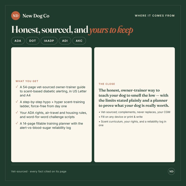 Puede incluir: Un gr&aacute;fico informativo verde oscuro titulado New Dog Co Honest, sourced, and yours to keep. Describe una gu&iacute;a de 54 p&aacute;ginas para entrenar perros en la detecci&oacute;n de diabetes, incluyendo escalas de entrenamiento, derechos ADA y un planificador de registro.