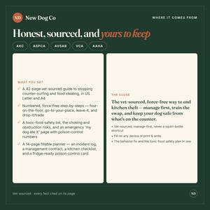 May include: A dark green informational graphic titled New Dog Co Honest, sourced, and yours to keep. It details a 42-page vet-sourced guide for stopping counter-surfing, a 14-page fillable planner, and a toxic-food safety list with emergency numbers.