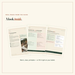 May include: Three digital guide pages with cream backgrounds and dark text. The pages feature headers like Total separation, Read the room, and Set the home up. One page includes a small photograph of a cat. Text reads: Real pages from the guide.