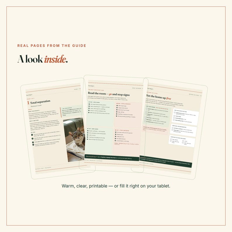 May include: Three digital guide pages with cream backgrounds and dark text. The pages feature headers like Total separation, Read the room, and Set the home up. One page includes a small photograph of a cat. Text reads: Real pages from the guide.