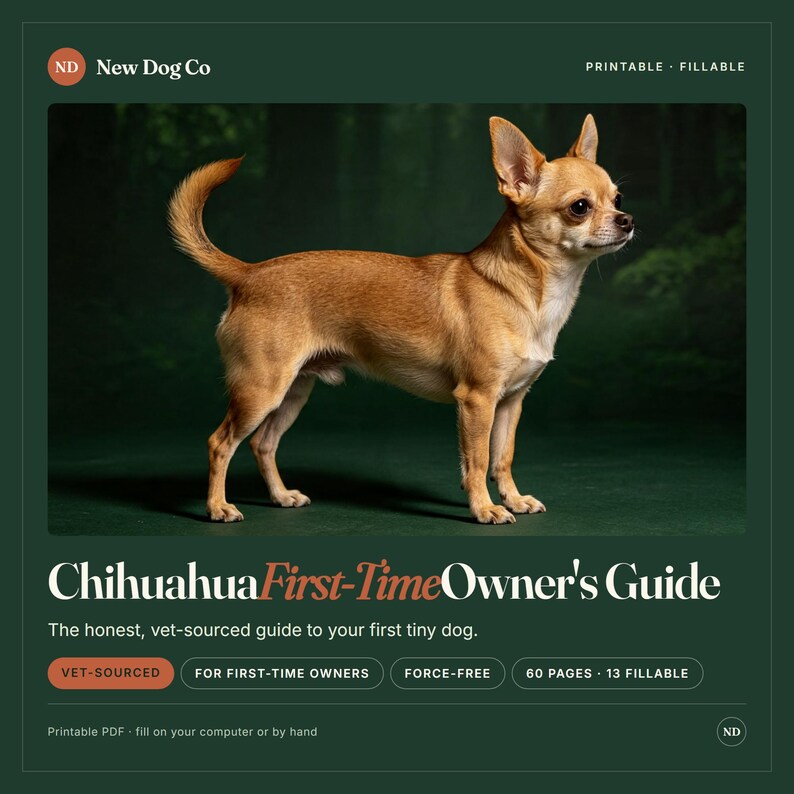 K&ouml;nnte beinhalten: Ein digitaler Ratgeber mit dem Titel Chihuahua First-Time Owner's Guide und einem beigen Chihuahua. Das Dokument enth&auml;lt Text wie Printable, Fillable, Vet-Sourced, For First-Time Owners, Force-Free, 60 Pages, 13 Fillable und New Dog Co.