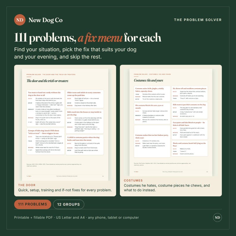 May include: A digital guide titled 111 problems, a fix menu for each by New Dog Co. The document features two pages with structured tables detailing dog behavior solutions, including sections on trick-or-treaters and costumes, in a printable PDF format.