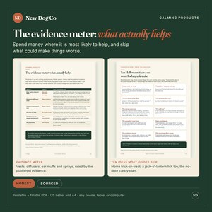 May include: A digital guide titled The evidence meter: what actually helps, featuring two pages of text. The left page displays a table evaluating calming products for dogs, while the right page lists ten Halloween ideas for pets.
