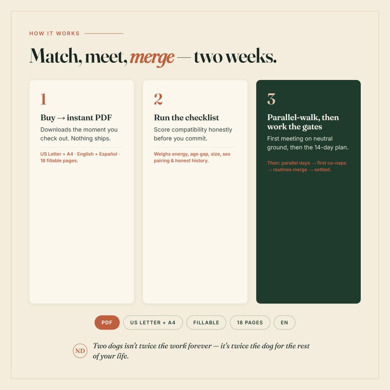 May include: An instructional infographic titled Match, meet, merge&mdash;two weeks. It outlines a three-step process for dog integration with text blocks on a cream background. Includes labels for PDF, US Letter, A4, fillable, and 18 pages.