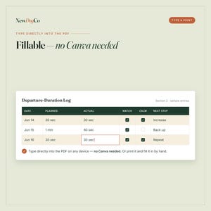 May include: A digital Departure-Duration Log template with a light green background. The document features a table with columns for date, planned and actual time, watch, calm, and next step. Text includes NewDogCo, Type & Print, and Fillable&mdash;no Canva needed.