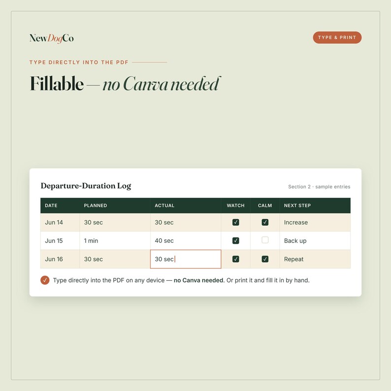 May include: A digital Departure-Duration Log template with a light green background. The document features a table with columns for date, planned and actual time, watch, calm, and next step. Text includes NewDogCo, Type & Print, and Fillable&mdash;no Canva needed.