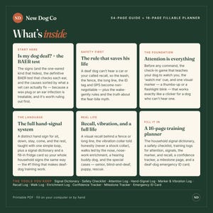 May include: A dark green informational graphic titled New Dog Co What's inside, featuring a 54-page guide and 16-page fillable planner. It contains six white boxes with text about deaf dog training, covering BAER tests, safety, hand signals, and logs.