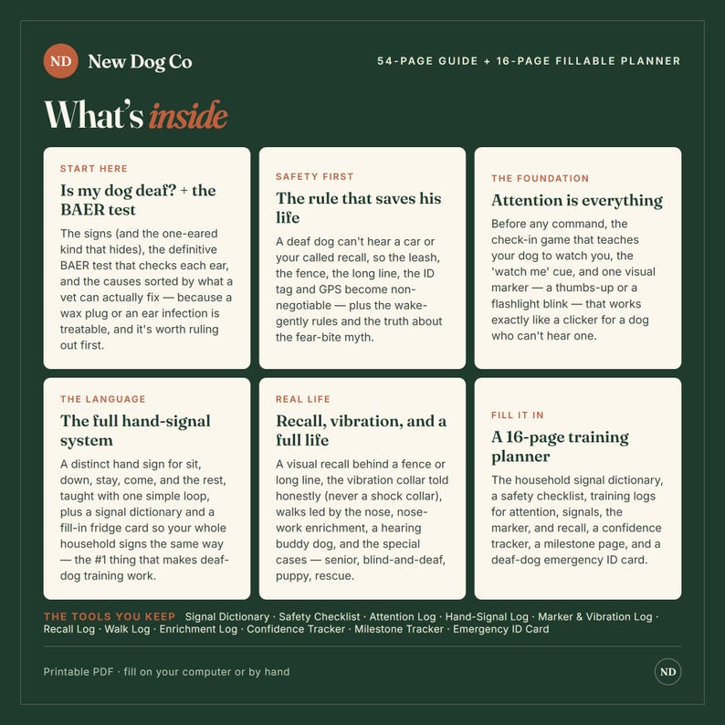 May include: A dark green informational graphic titled New Dog Co What's inside, featuring a 54-page guide and 16-page fillable planner. It contains six white boxes with text about deaf dog training, covering BAER tests, safety, hand signals, and logs.