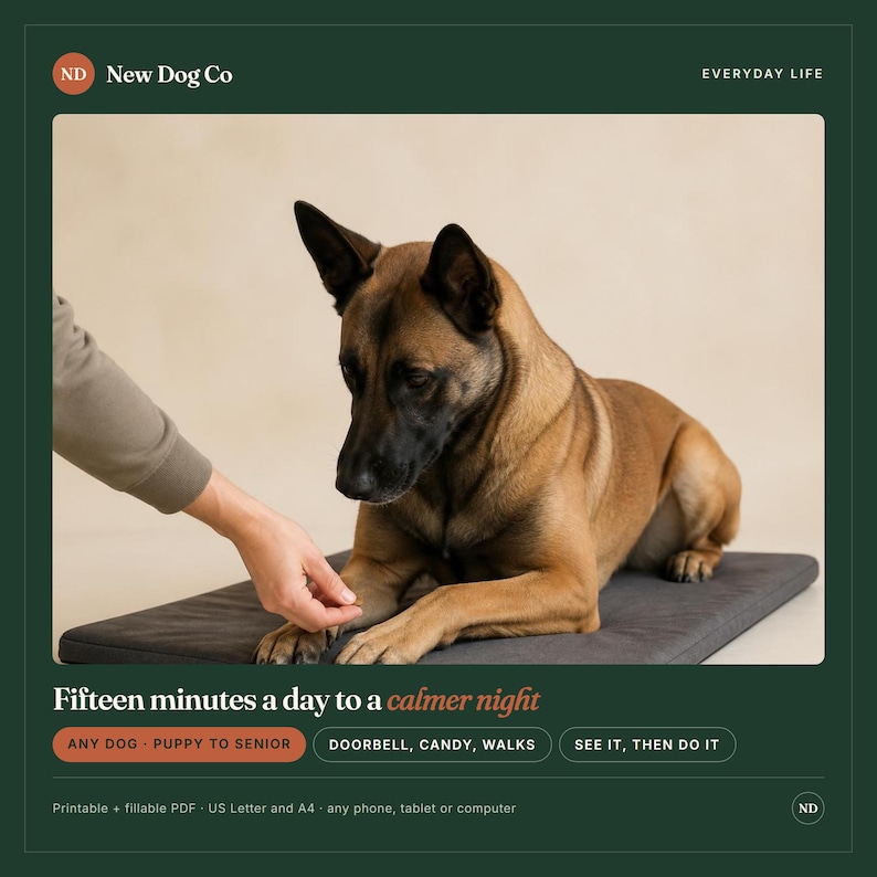 May include: A brown and black dog lying on a dark gray rectangular mat. The image includes the text New Dog Co, Everyday Life, Fifteen minutes a day to a calmer night, Any dog, Puppy to senior, Doorbell, Candy, Walks, See it, then do it, Printable + fillable PDF, US Letter and A4.