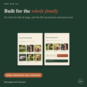 Op de afbeelding: Twee informatiepagina's getiteld New Dog Co Built for the whole family, met Six rules for kids & dogs en The pet-and-pause test. De pagina's bevatten tekst en foto's van gele Labrador Retrievers op een lichte cr&egrave;mekleurige achtergrond.