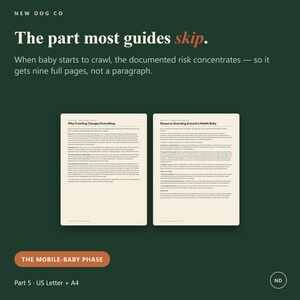 May include: A dark green informational graphic titled The part most guides skip. It features two open pages of a document titled Why Crawling Changes Everything and Resource Guarding Around a Mobile Baby, with a button labelled THE MOBILE-BABY PHASE.