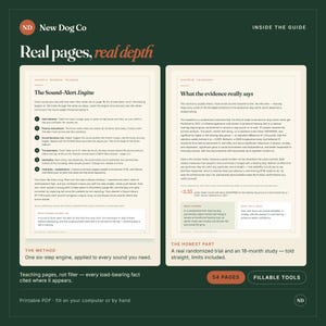 Pode incluir: Um gr&aacute;fico informativo verde-escuro intitulado Real pages, real depth mostrando duas p&aacute;ginas brancas de um guia. A p&aacute;gina esquerda detalha um motor de alerta sonoro de seis passos, a direita discute evid&ecirc;ncias de pesquisa. Inclui texto, 54 p&aacute;ginas, ferramentas.