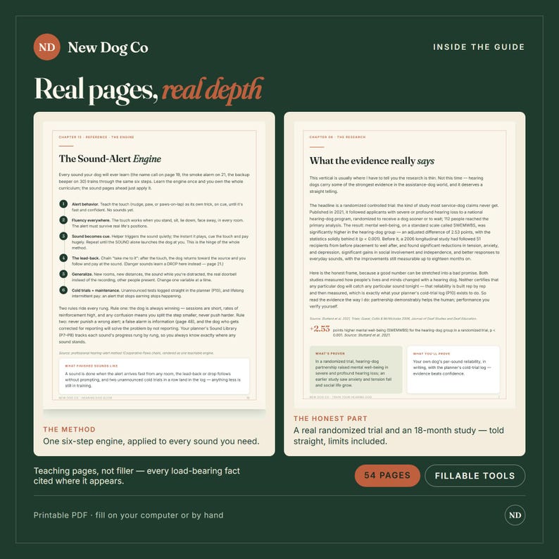 Pode incluir: Um gr&aacute;fico informativo verde-escuro intitulado Real pages, real depth mostrando duas p&aacute;ginas brancas de um guia. A p&aacute;gina esquerda detalha um motor de alerta sonoro de seis passos, a direita discute evid&ecirc;ncias de pesquisa. Inclui texto, 54 p&aacute;ginas, ferramentas.