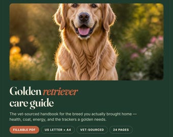 Guía de cuidados para Golden Retriever / Salud, aseo y rastreadores para cachorros (PDF rellenable)