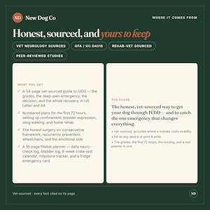 Op de afbeelding: Een donkergroene informatieve afbeelding getiteld New Dog Co: Honest, sourced, and yours to keep. Het beschrijft een 54-pagina tellende, door dierenartsen samengestelde IVDD-gids, inclusief herstelplannen, chirurgische kaders en een 16-pagina planner.