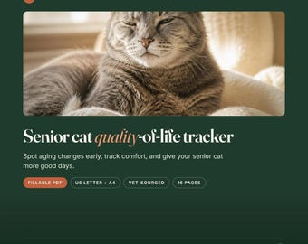 May include: A digital document titled Senior cat quality-of-life tracker by New Cat Co. The page features a photograph of a grey cat, text describing the 16-page fillable PDF, and labels for US Letter and A4 sizes, vet-sourced, and fillable PDF.