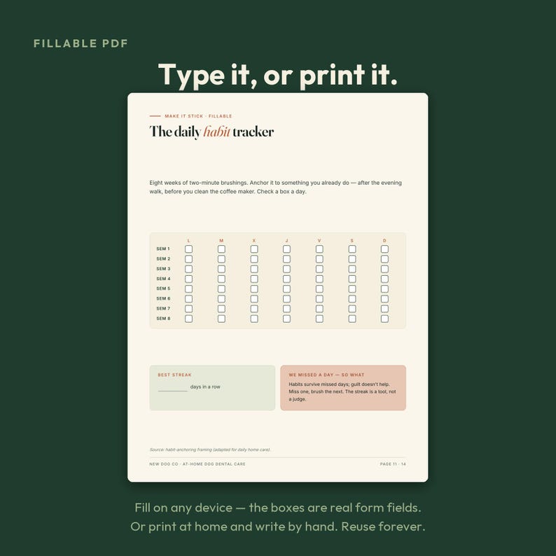 May include: A fillable PDF daily habit tracker template with a cream background. The document features the title The daily habit tracker, a grid for eight weeks of checkboxes, and sections for best streak and notes on missed days in a row.