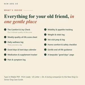 May include: A digital document titled New Dog Co What's Inside Everything for your old friend, in one gentle place. It lists features including a comfort and joy check, mobility and appetite tracking, wellness logs, medication trackers, and a keepsake page.