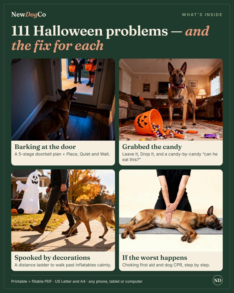May include: An informational guide titled 111 Halloween problems &mdash; and the fix for each by NewDogCo. It features four panels showing a dog barking at a door, a dog with a candy bucket, a dog walking past a ghost inflatable, and dog CPR.