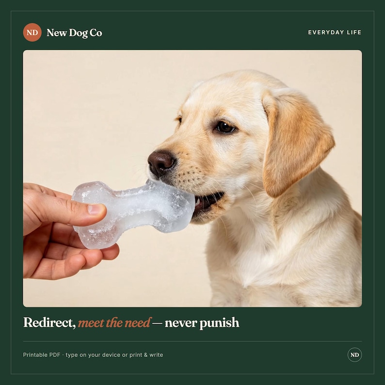 May include: A light-colored puppy with floppy ears holds a clear, bone-shaped ice chew in its mouth. The text on the image reads: New Dog Co, EVERYDAY LIFE, Redirect, meet the need &mdash; never punish, and Printable PDF &middot; type on your device or print & write.