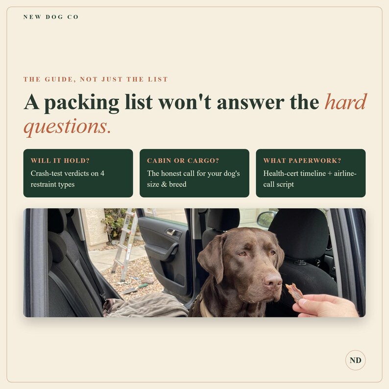 以下が含まれることがあります： New Dog Coというタイトルのデジタルグラフィックで、A packing list won't answer the hard questionsというテキストが表示されています。3つの濃い緑色のボックスには、Will it hold、Cabin or cargo、What paperworkと記載されています。下部には、車内に座るチョコレート色のラブラドールが写っています。
