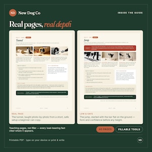 May include: A two-page instructional guide from New Dog Co titled Real pages, real depth. The pages feature step-by-step photo tutorials for dog agility training, specifically focusing on tunnel and jump techniques with text and diagrams.