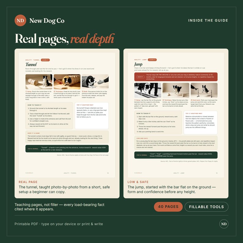 May include: A two-page instructional guide from New Dog Co titled Real pages, real depth. The pages feature step-by-step photo tutorials for dog agility training, specifically focusing on tunnel and jump techniques with text and diagrams.