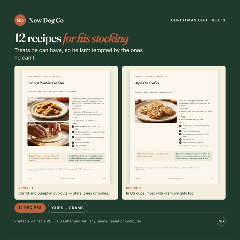 May include: A digital document titled New Dog Co Christmas Dog Treats featuring 12 recipes for his stocking. It displays two pages with Carrot & Pumpkin Cut-Outs and Apple-Oat Cookies, including ingredient lists, baking instructions, and photos of treats.