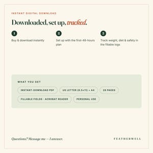 Puede incluir: Una gu&iacute;a de descarga digital titulada Downloaded, set up, tracked. Describe tres pasos para realizar un seguimiento del peso, la dieta y la seguridad. El documento incluye 28 p&aacute;ginas en tama&ntilde;os US Letter 8,5x11 y A4 con campos rellenables.
