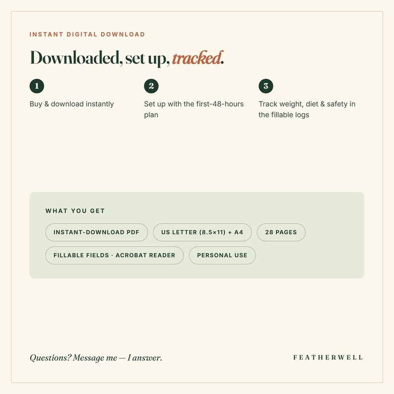 Puede incluir: Una gu&iacute;a de descarga digital titulada Downloaded, set up, tracked. Describe tres pasos para realizar un seguimiento del peso, la dieta y la seguridad. El documento incluye 28 p&aacute;ginas en tama&ntilde;os US Letter 8,5x11 y A4 con campos rellenables.